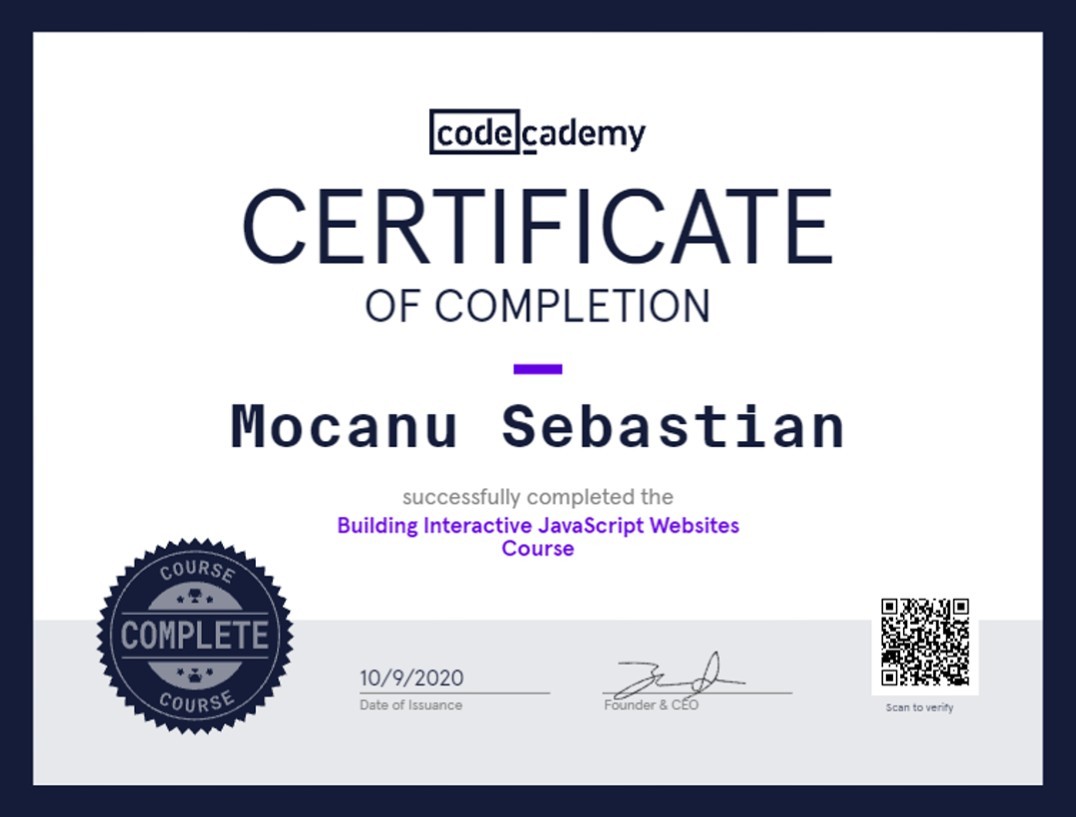 Building Interactive JavaScript Websites Course Certificate