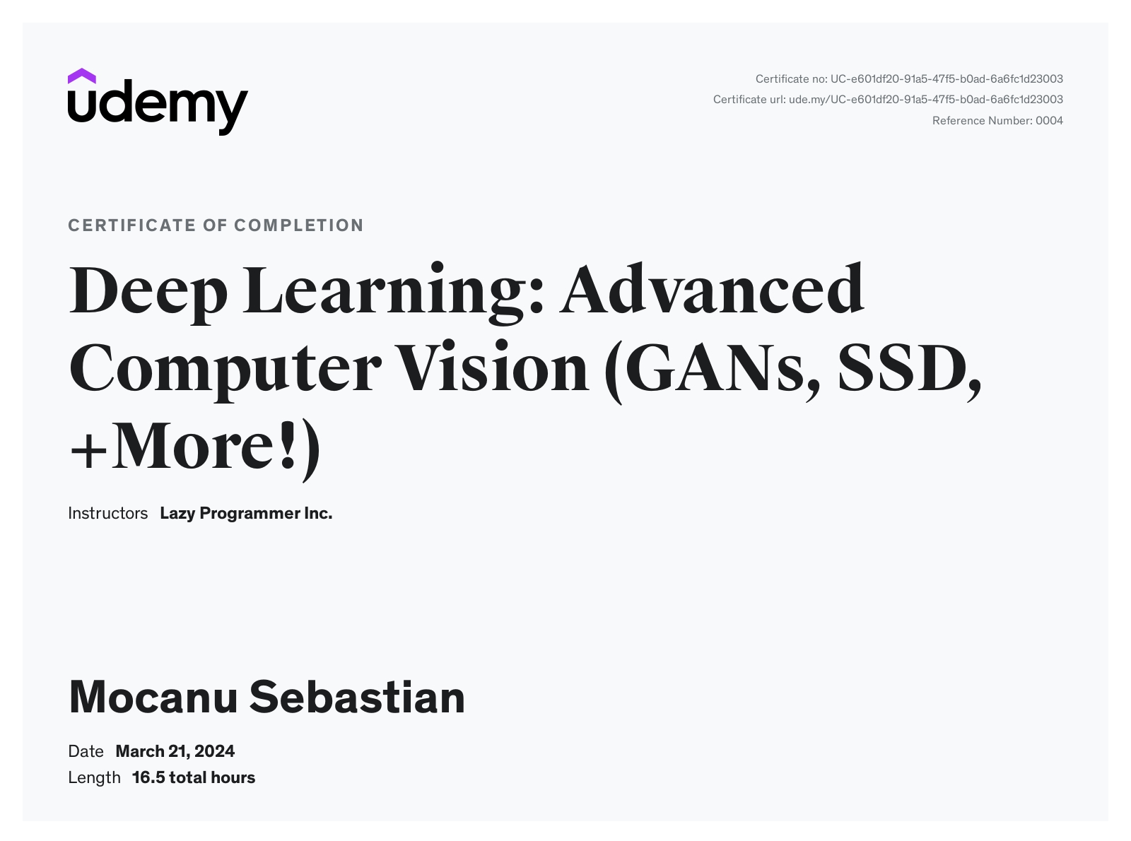 Deep Learning: Advanced Computer Vision (GANs, SSD, +More!) Certificate