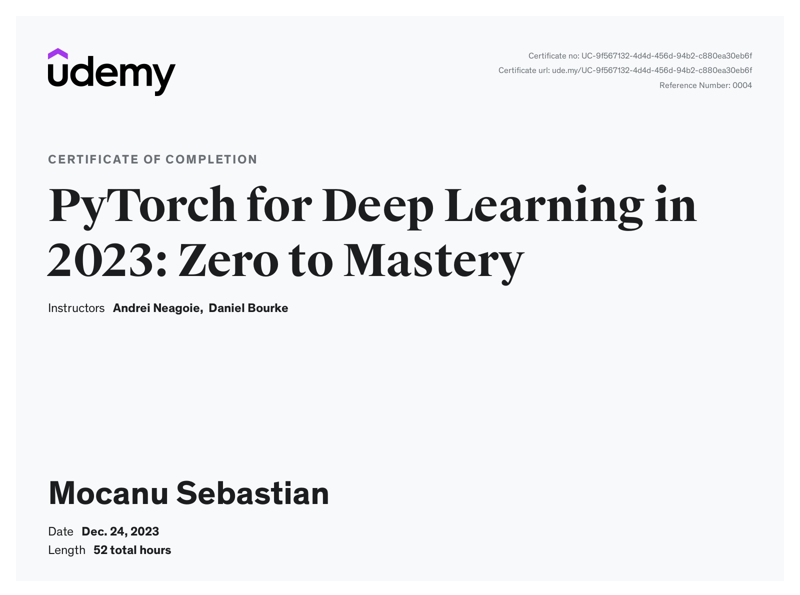 PyTorch for Deep Learning in 2023: Zero to Mastery Bootcamp Certificate