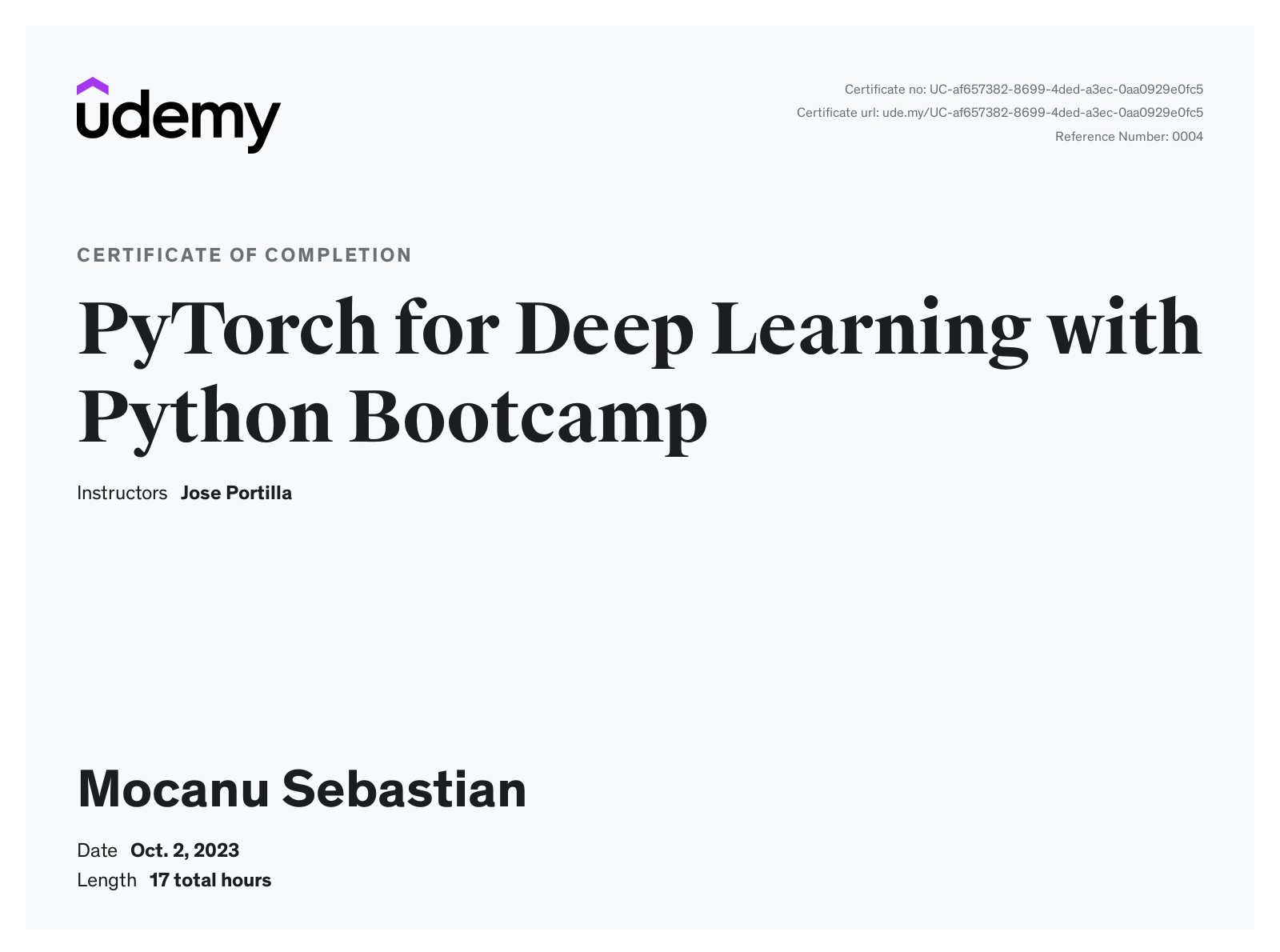 PyTorch for Deep Learning with Python Bootcamp Certificate
