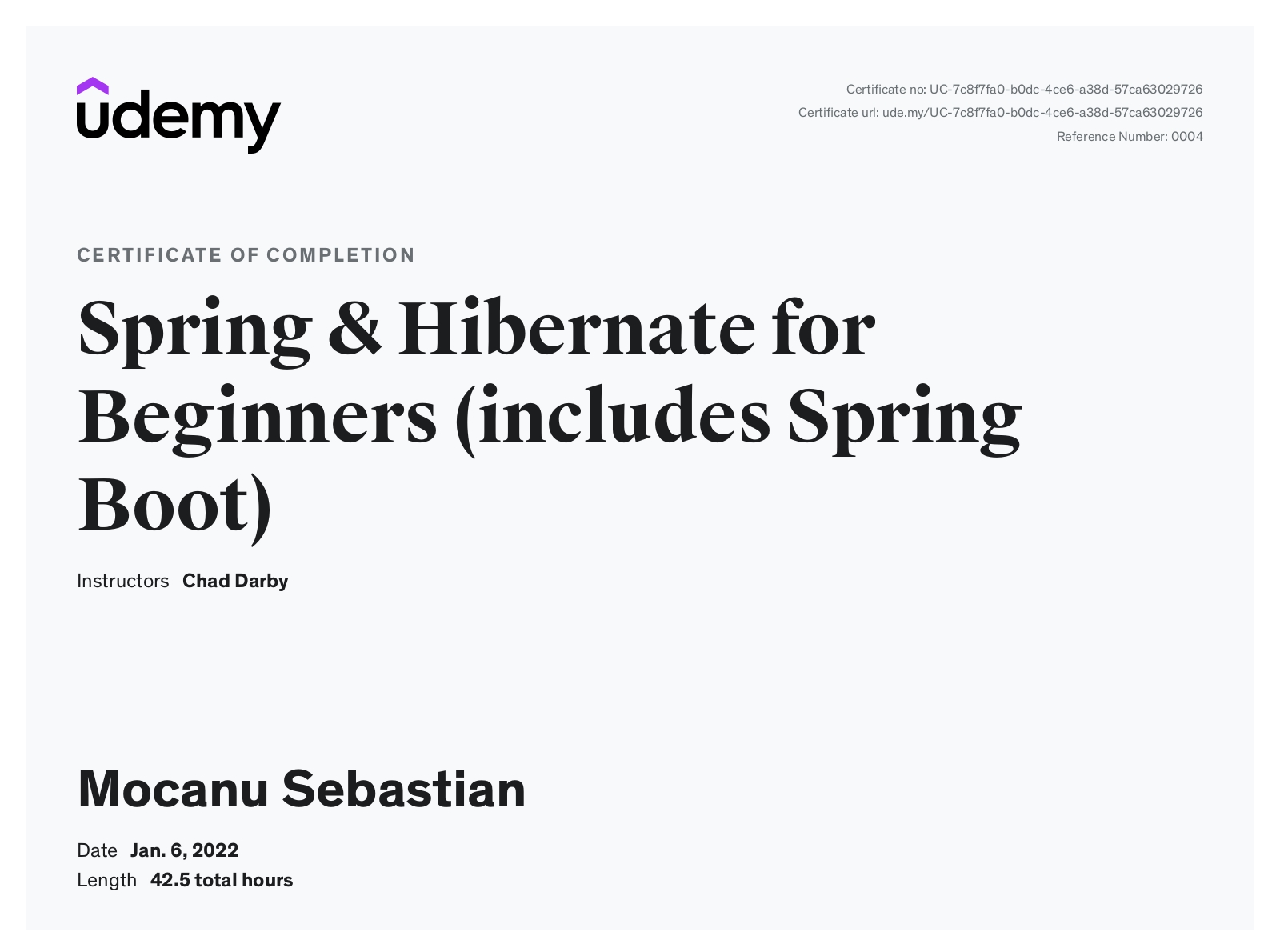 Spring Boot, Spring & Hibernate for Beginners Certificate