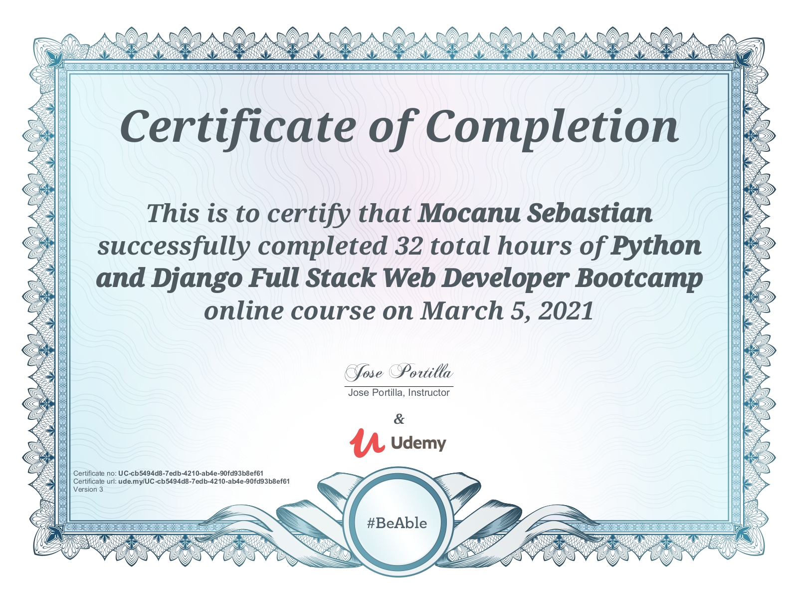 Python and Django Full Stack Web Developer Bootcamp Certificate